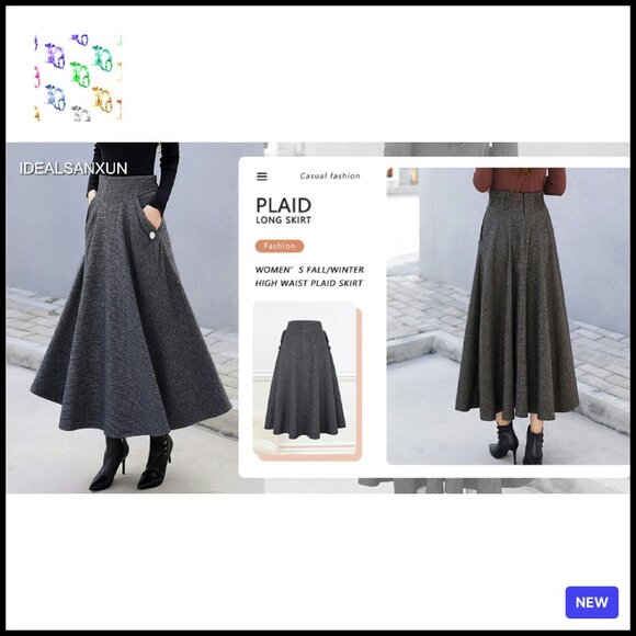 Wool Plaid A-Line Long Skirt High Waisted Classic Fall Winter Chic - Picture 8 of 8